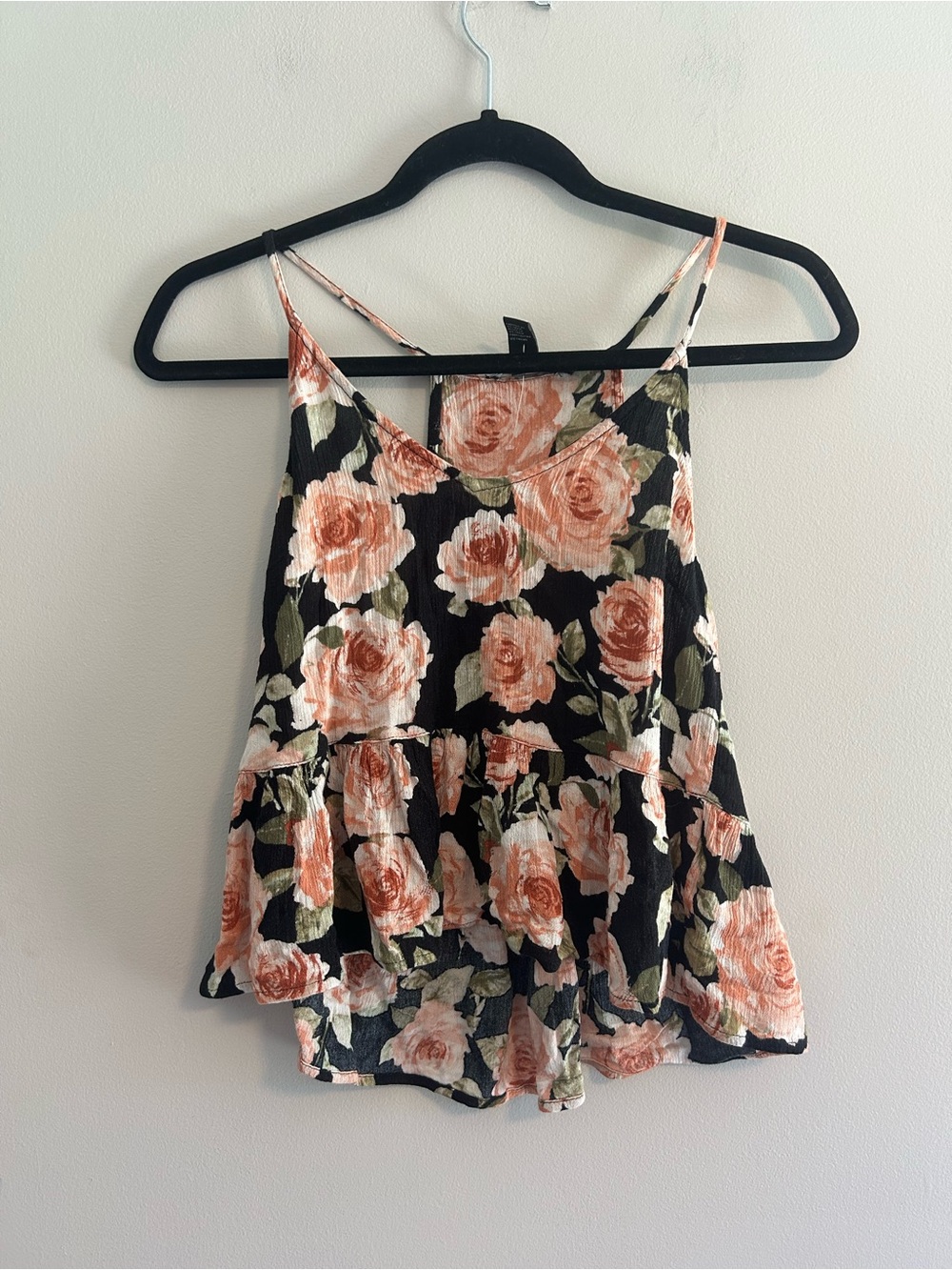 Forever 21 small black and pink floral peplum high low tank top blouse